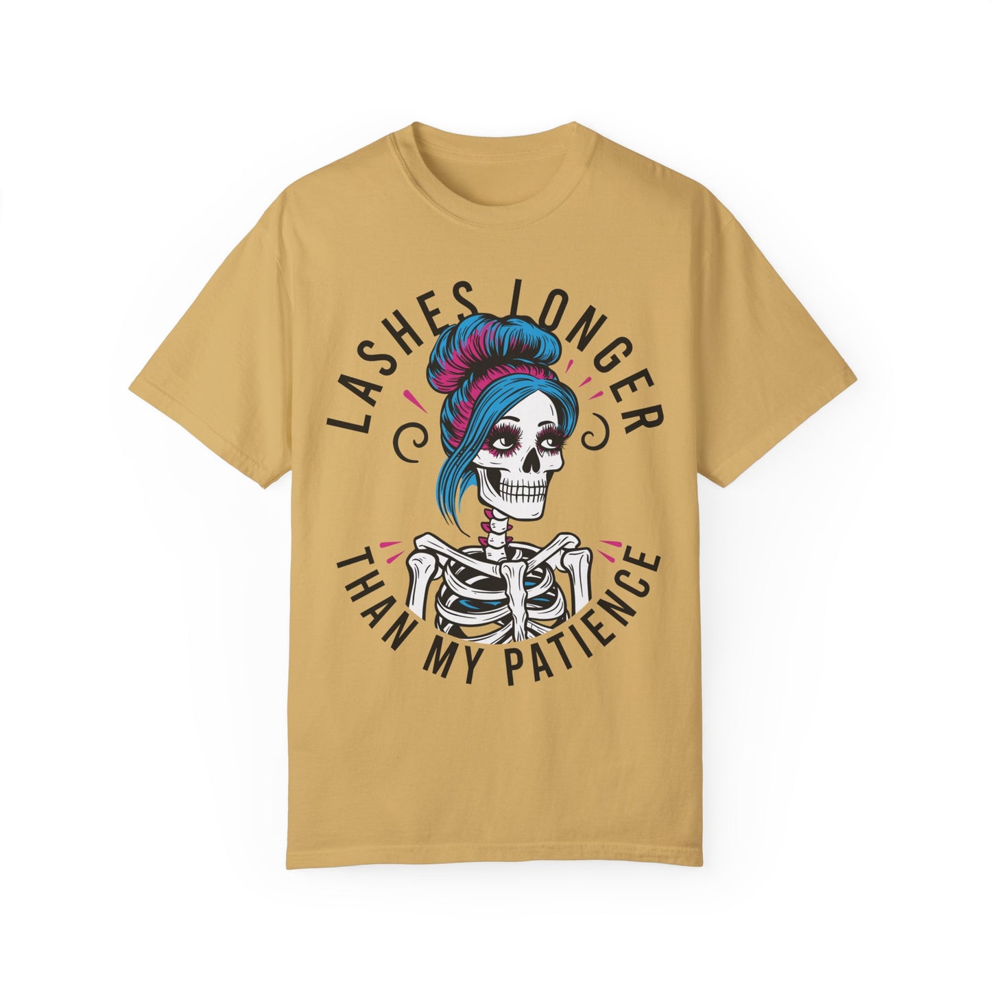Lashes Longer than my Patience Skeleton Unisex Shirt Mustard