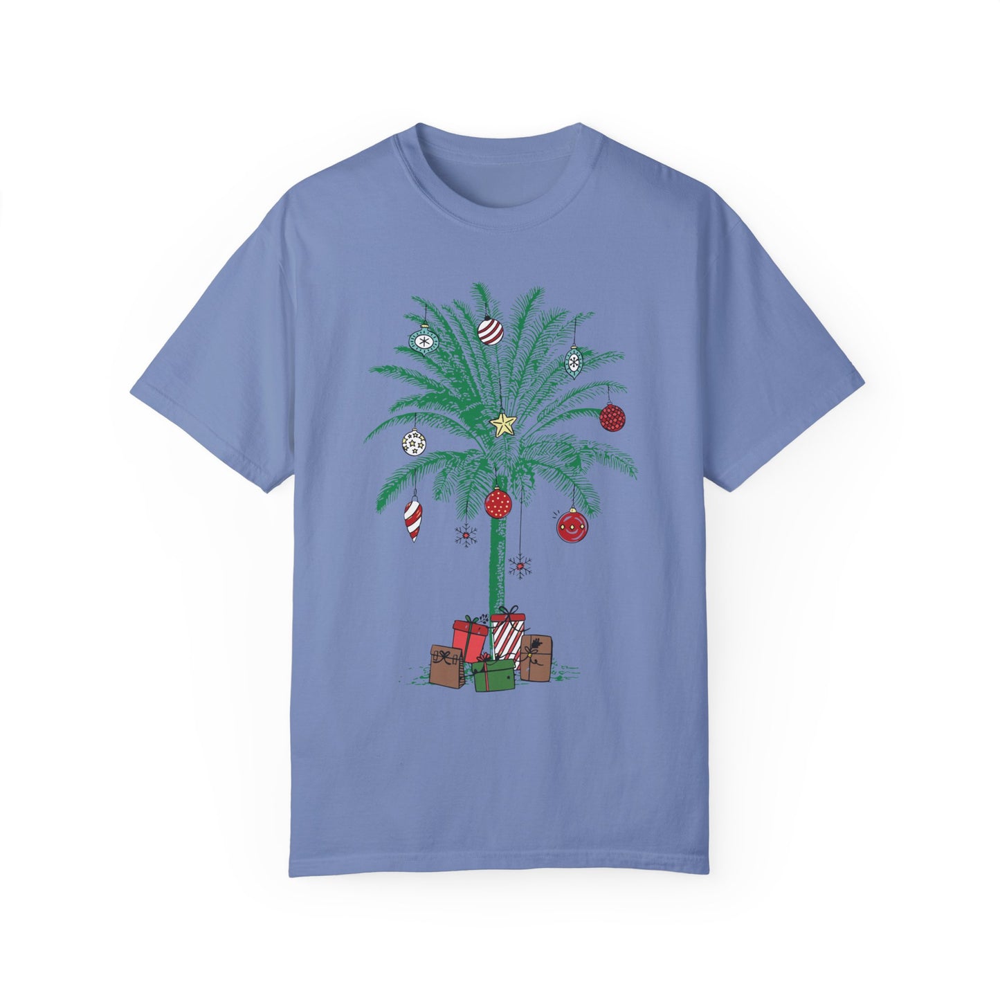 Christmas Palm Tree Shirt - Beach Aloha Xmas Tee Washed Denim