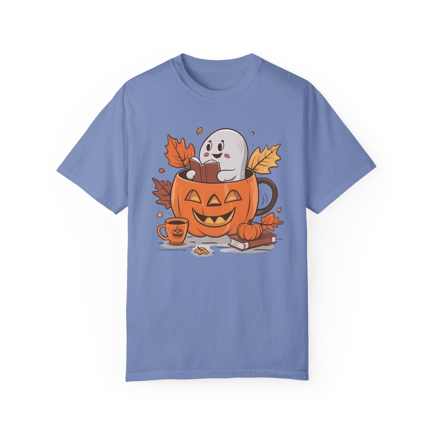 Cute Pumpkin Bookish Ghost Halloween Shirt Washed Denim