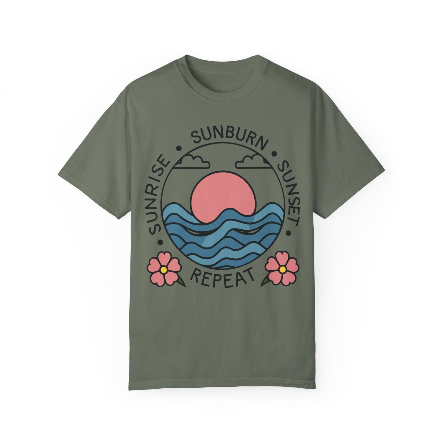 Retro Summer Shirt Sunrise Sunburn Sunset Repeat Shirt Moss