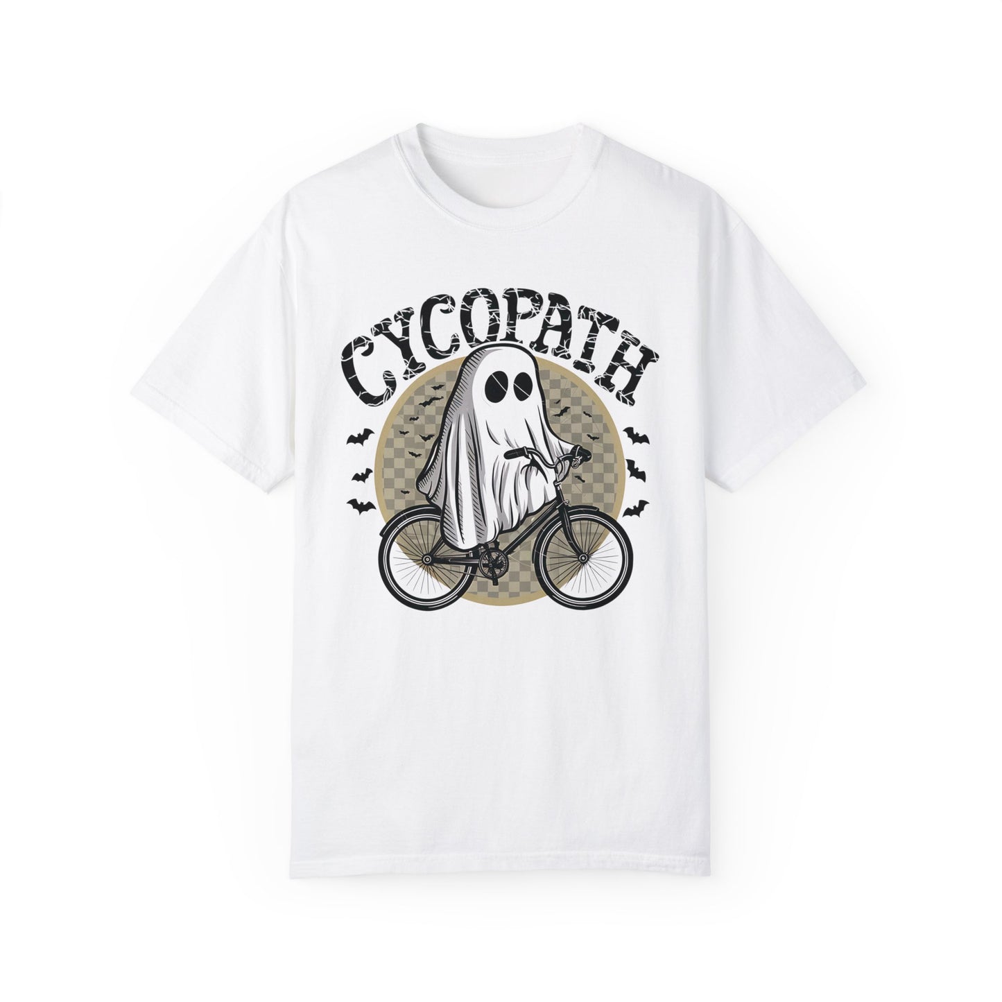 Halloween Shirts Ghost Riding Bicycle TShirt ,Cycopath, Funny Halloween White
