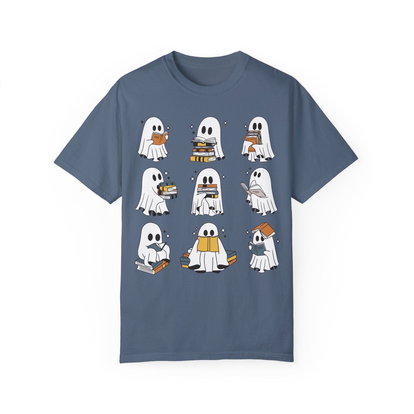 Comfort Colors Ghost Reading Books Shirt - Bookish Halloween Shirt Blue Jean
