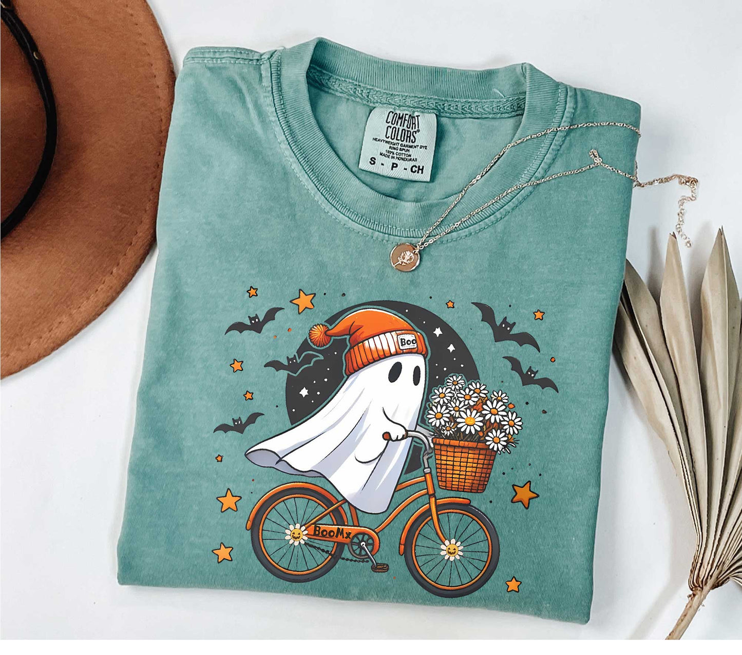 Cute Ghost Riding a Bike Shirt, Comfort Colors Halloween Lovers Shirt