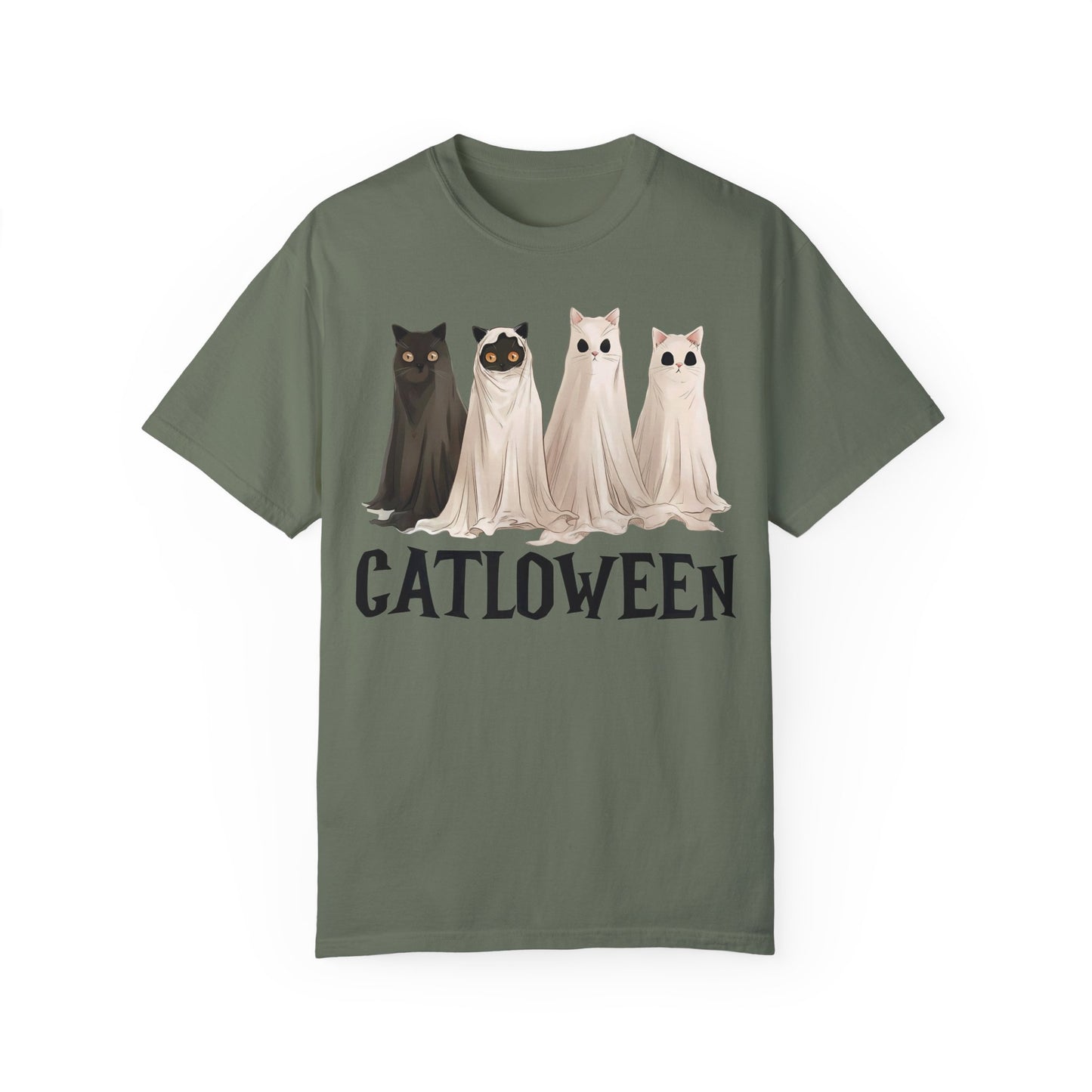 Catloween Funny Halloween Ghost Black Cat Shirt Moss