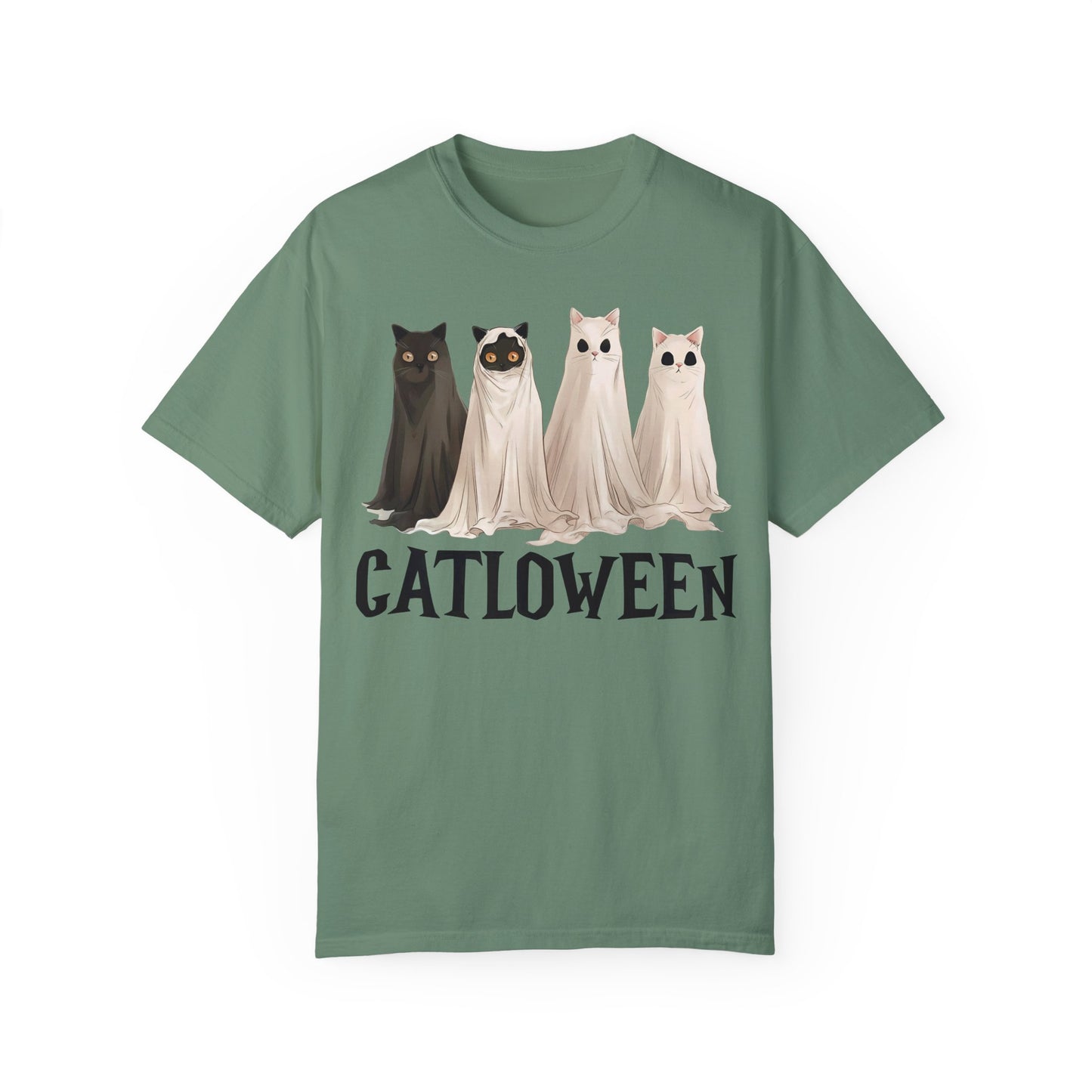 Catloween Funny Halloween Ghost Black Cat Shirt Light Green