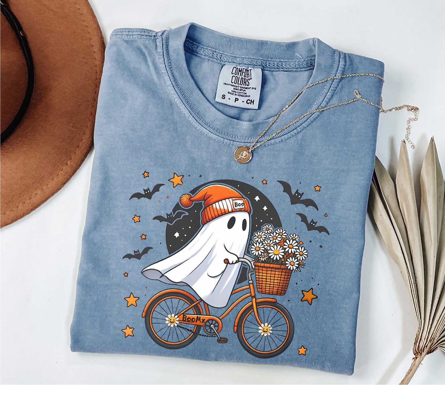 Cute Ghost Riding a Bike Shirt, Comfort Colors Halloween Lovers Shirt