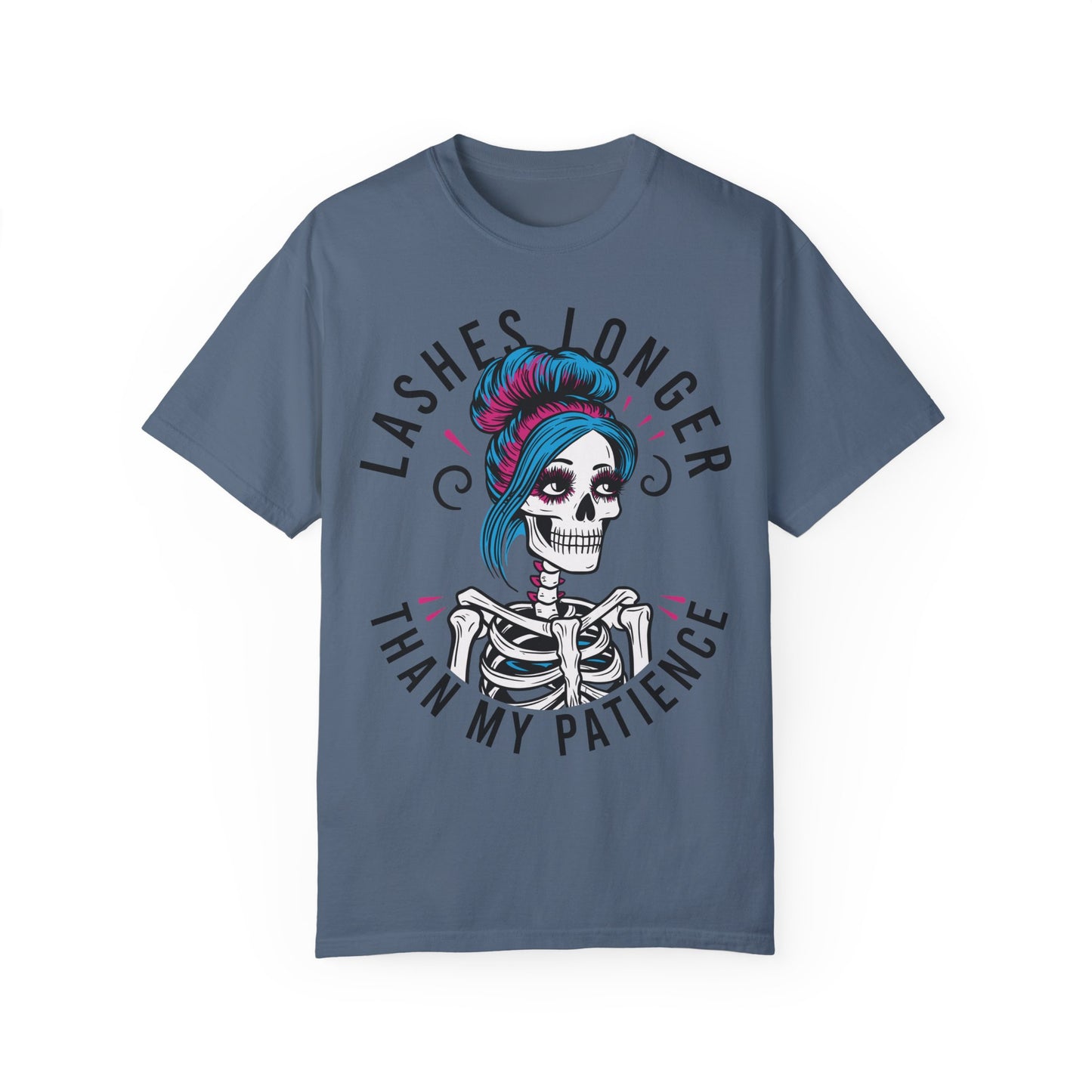Lashes Longer than my Patience Skeleton Unisex Shirt Blue Jean