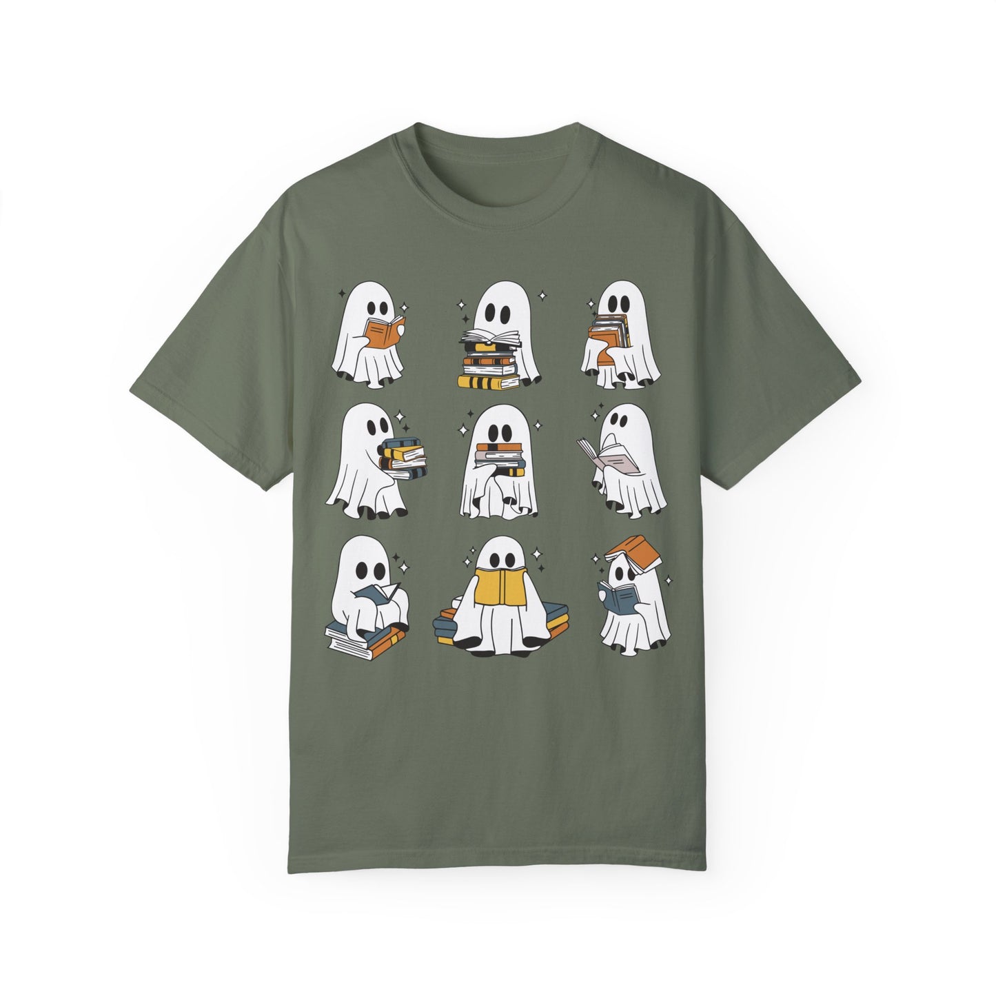 Comfort Colors Ghost Reading Books Shirt - Bookish Halloween Shirt Moss