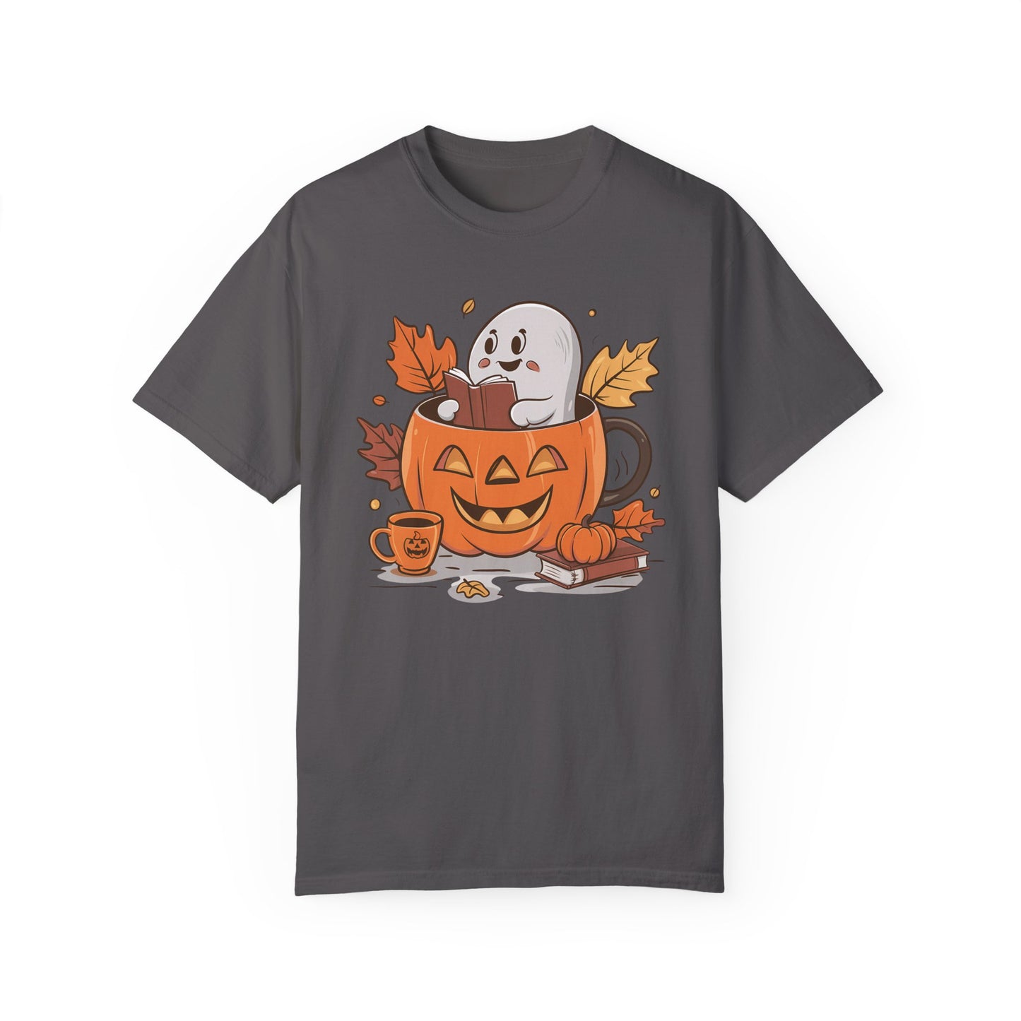 Cute Pumpkin Bookish Ghost Halloween Shirt Graphite