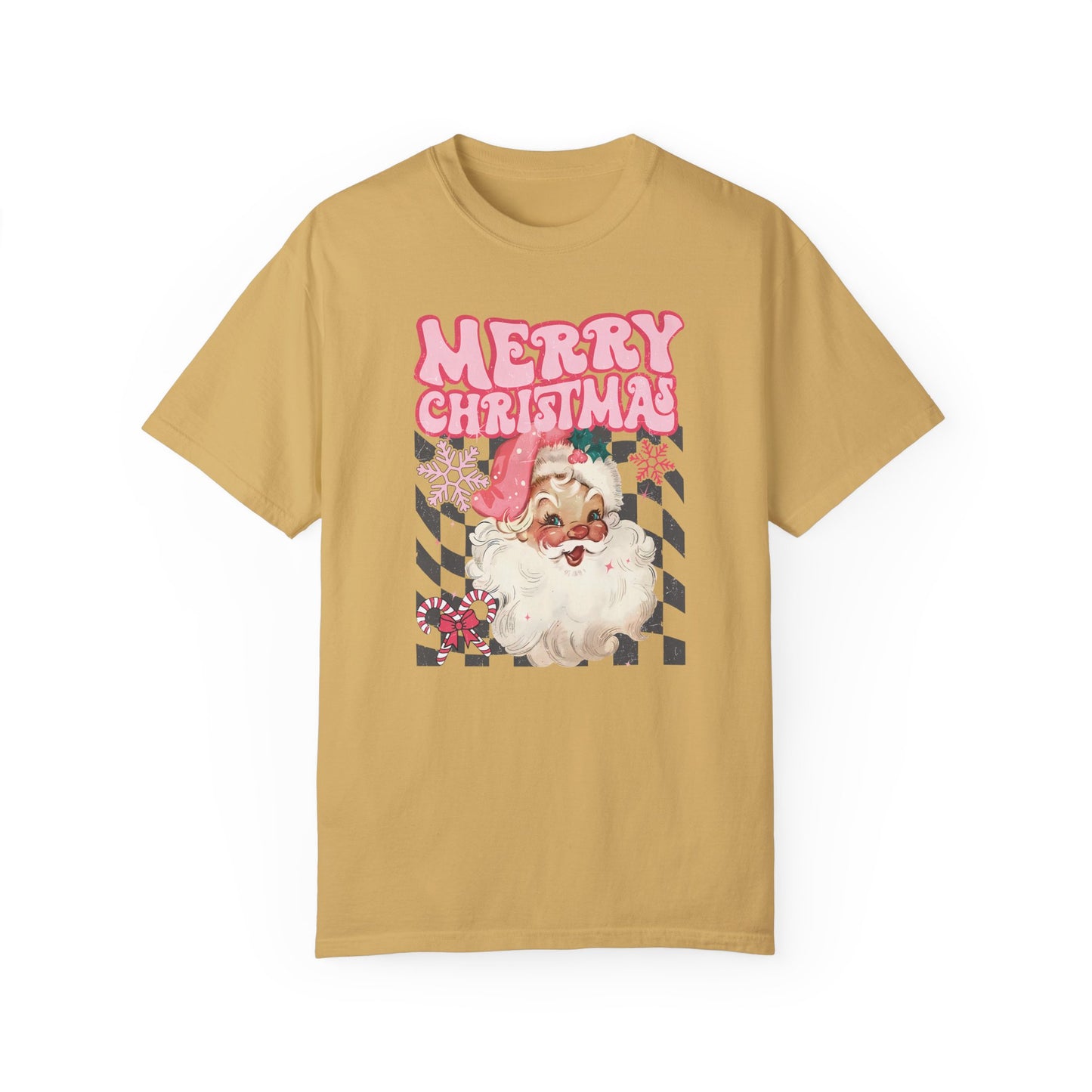 Retro Pink Santa Christmas Shirt Mustard