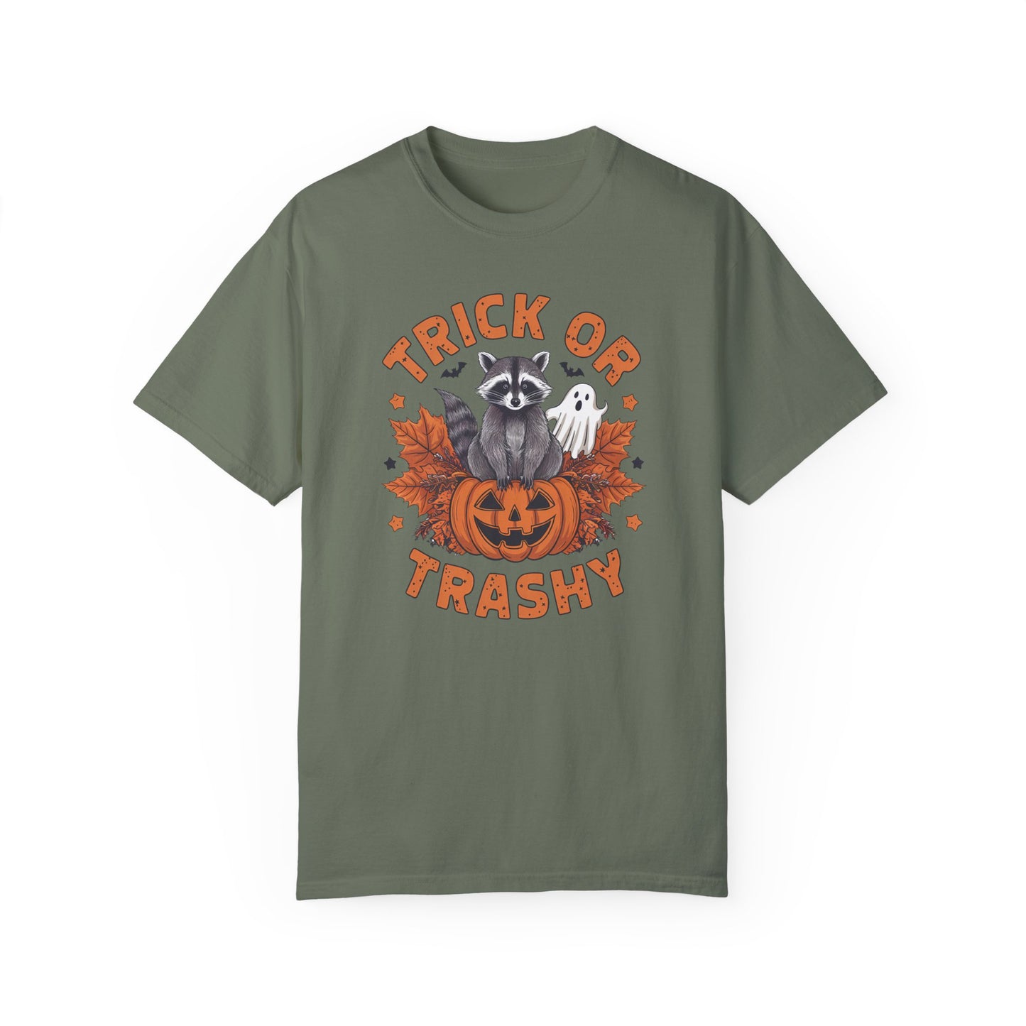Trick or Trashy Shirt - Halloween Racoon Shirt Moss