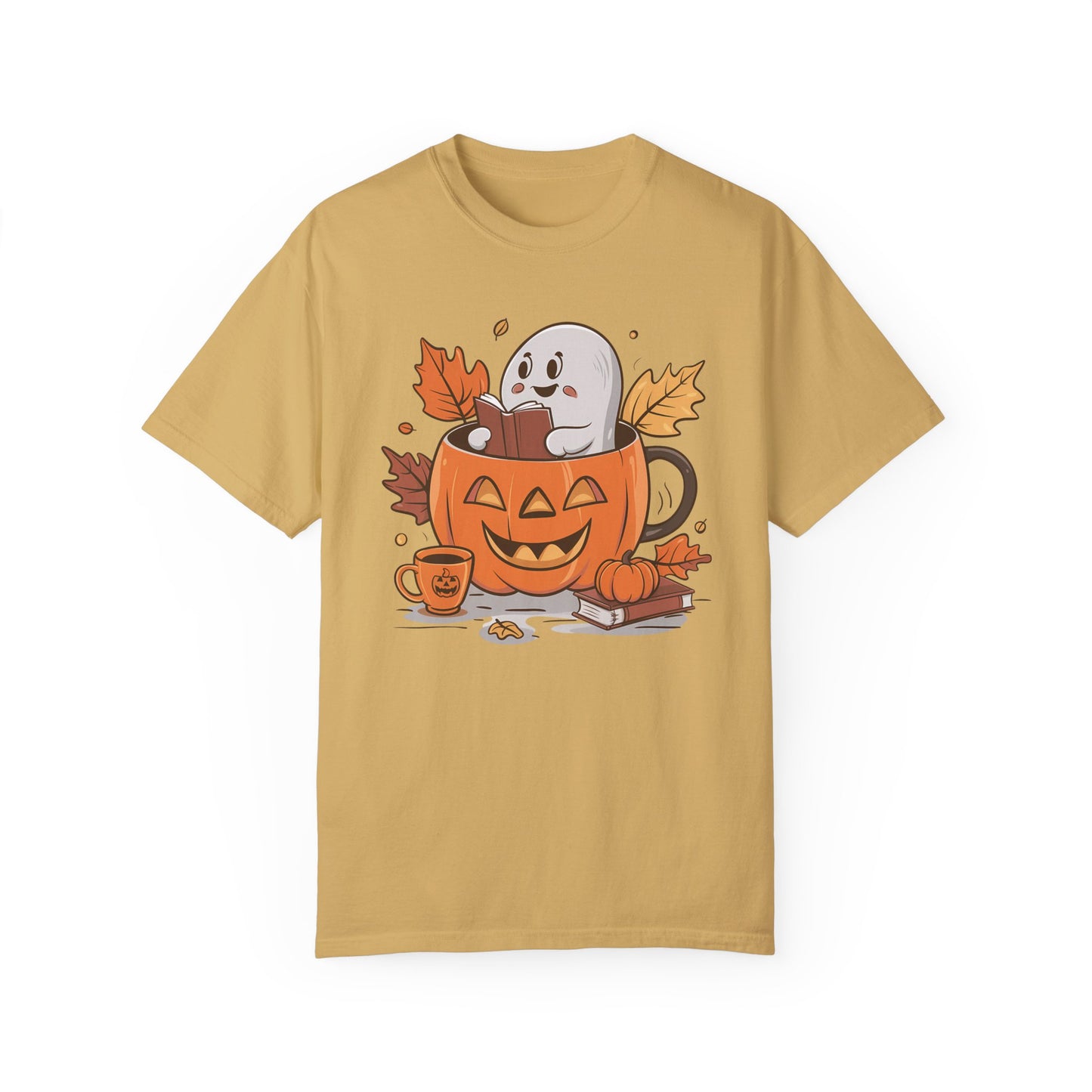 Cute Pumpkin Bookish Ghost Halloween Shirt Mustard