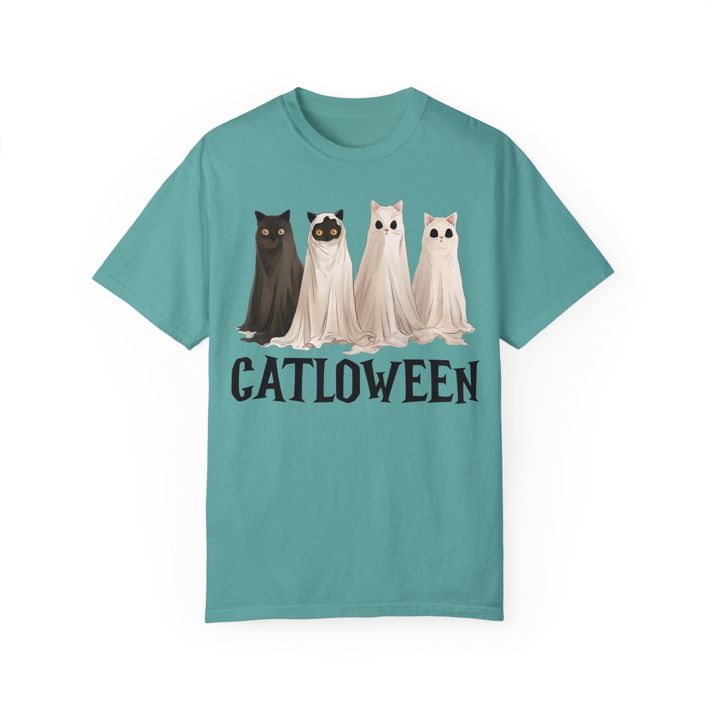 Catloween Funny Halloween Ghost Black Cat Shirt Seafoam