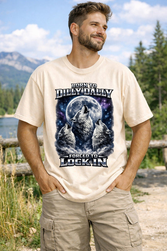 Born to Dilly Dally Forced to Lock In Shirt | Retro Wolf Graphic Tee | Funny Ironic Meme Gift - Unisex Comfort Colors T-shirt