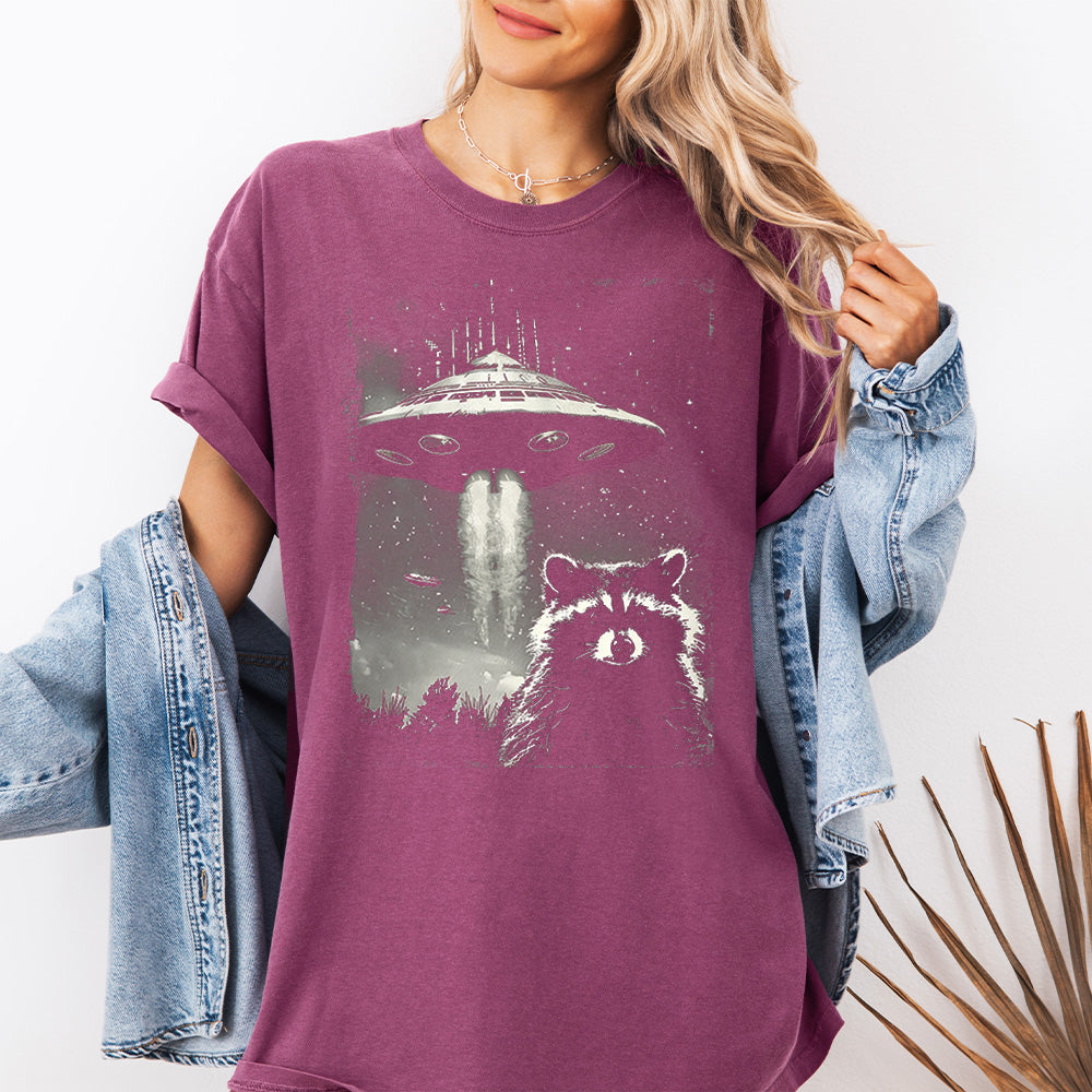 Raccoon UFO Beam Comfort Colors Oversized T-Shirt - Sci-Fi Graphic Design