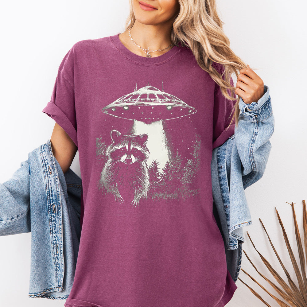 Raccoon UFO Abduction Comfort Colors Graphic T-Shirt - Sci-Fi Forest Design