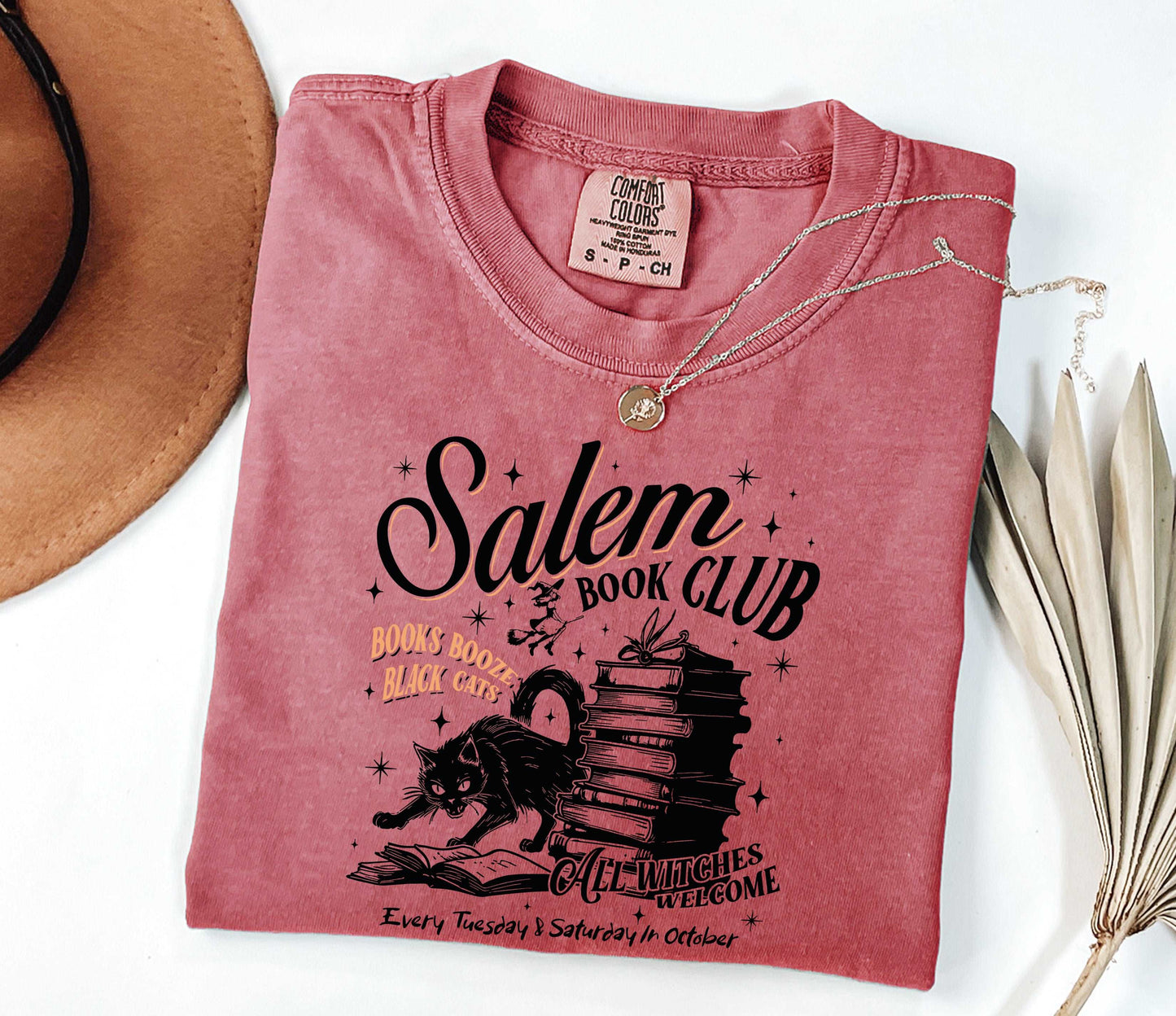 Black Cat Salem Book Club All Witches Welcome Shirt Crimson