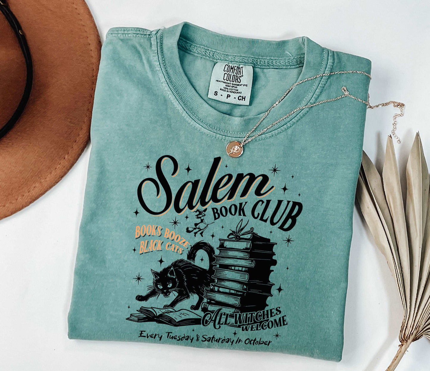 Black Cat Salem Book Club All Witches Welcome Shirt Light Green