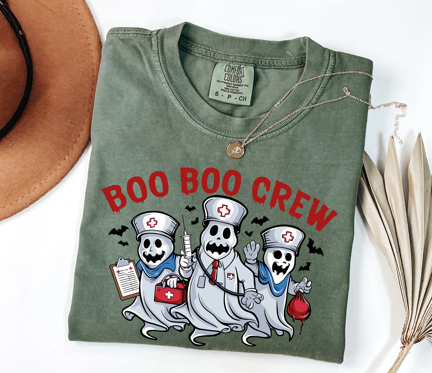 Boo Boo Crew Ghost Nurse Halloween Shirt Moss