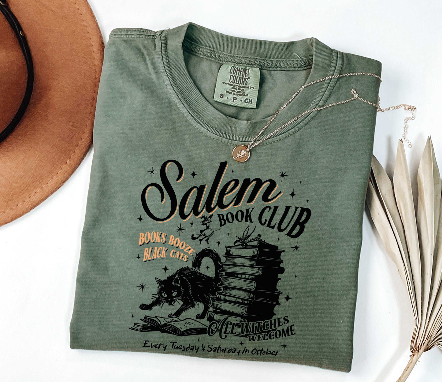 Black Cat Salem Book Club All Witches Welcome Shirt Moss