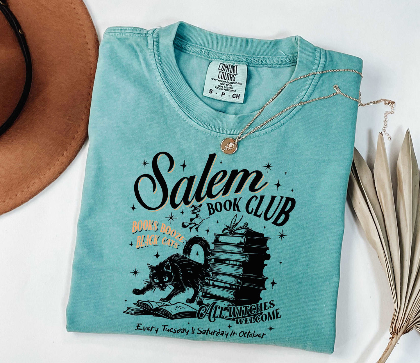Black Cat Salem Book Club All Witches Welcome Shirt Seafoam