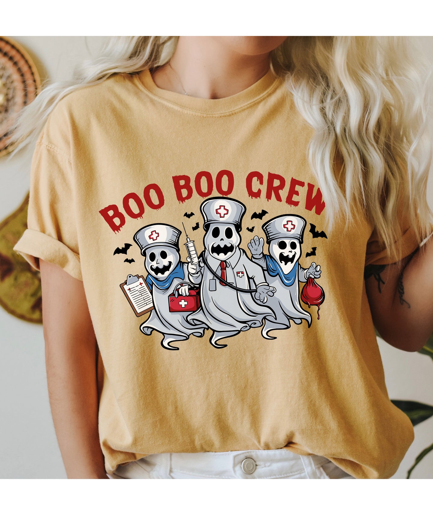 Boo Boo Crew Ghost Nurse Halloween Shirt Mustard