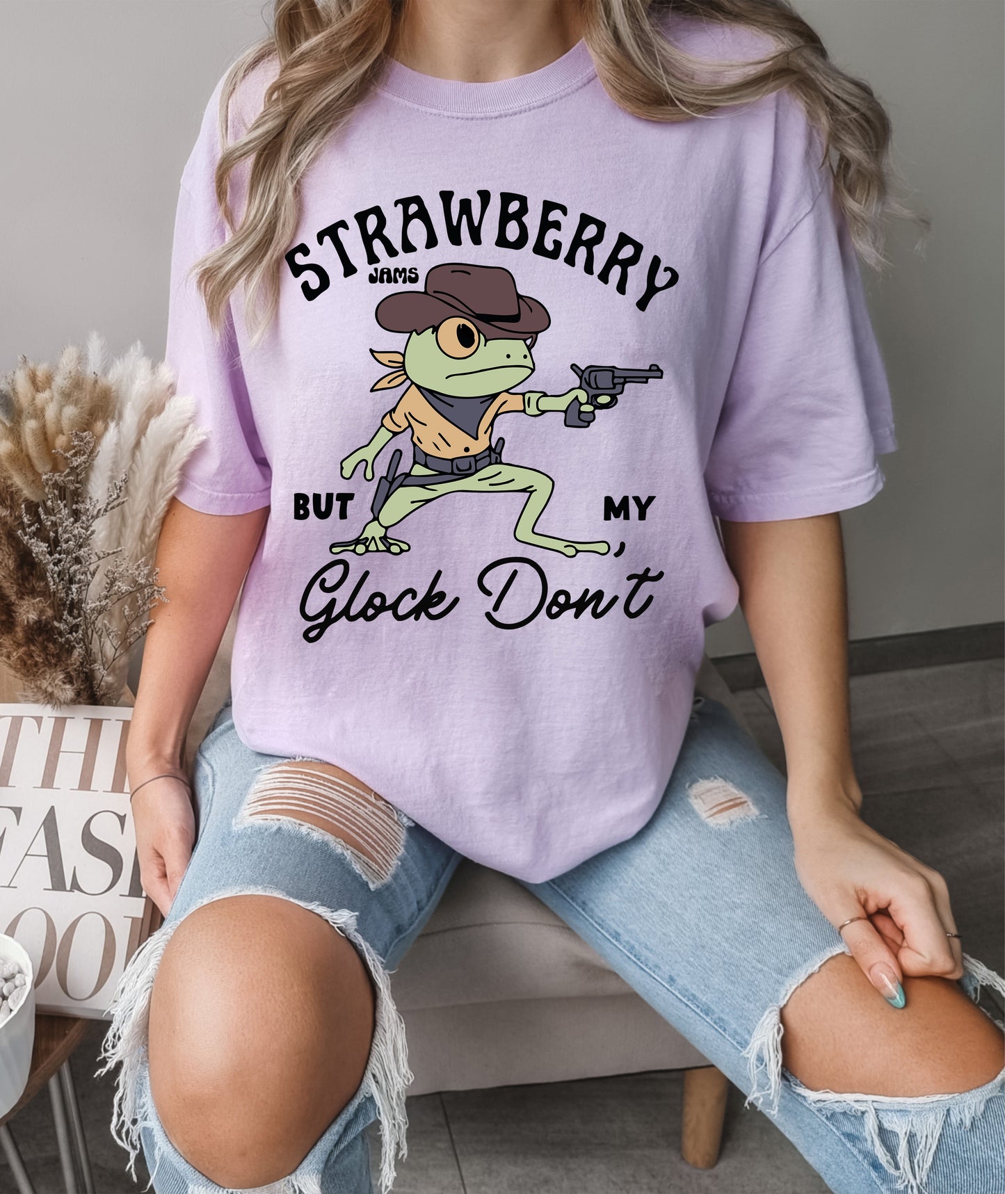 Strawberry Jams But My Glock Dont Funny Cowboy Frog Shirt Orchid