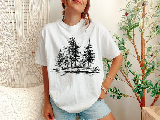 A White Unisex Garment-Dyed T-shirt mockup (front view) showing the vintage pine tree t-shirt retro camping shirt outdoor adventure apparel print on the front. The artwork highlights mountain shirt, vintage pine tree t-shirt retro camping shirt outdoor adventure apparel, unisex garment-dyed t-shirt, white, vintage, pine, tree, t-shirt, retro, camping, describing the graphic and theme on the garment.