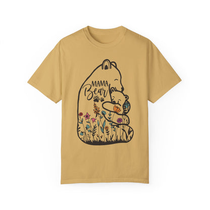 Mom Shirt - Cute Mama Bear and Baby with Wildflowers Mustard