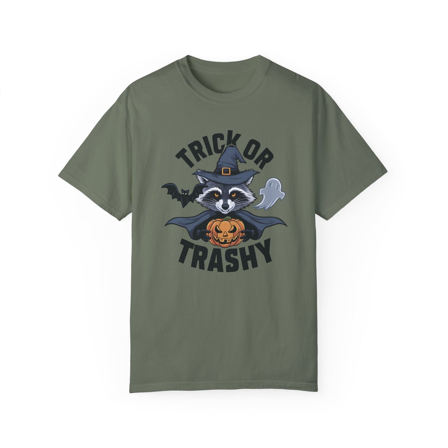 Trick or Trashy Raccoon Halloween Shirt Moss