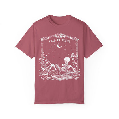 Reading Shirt Comfort Colors, Read in Peace, Skeleton Book Shirt Crimson