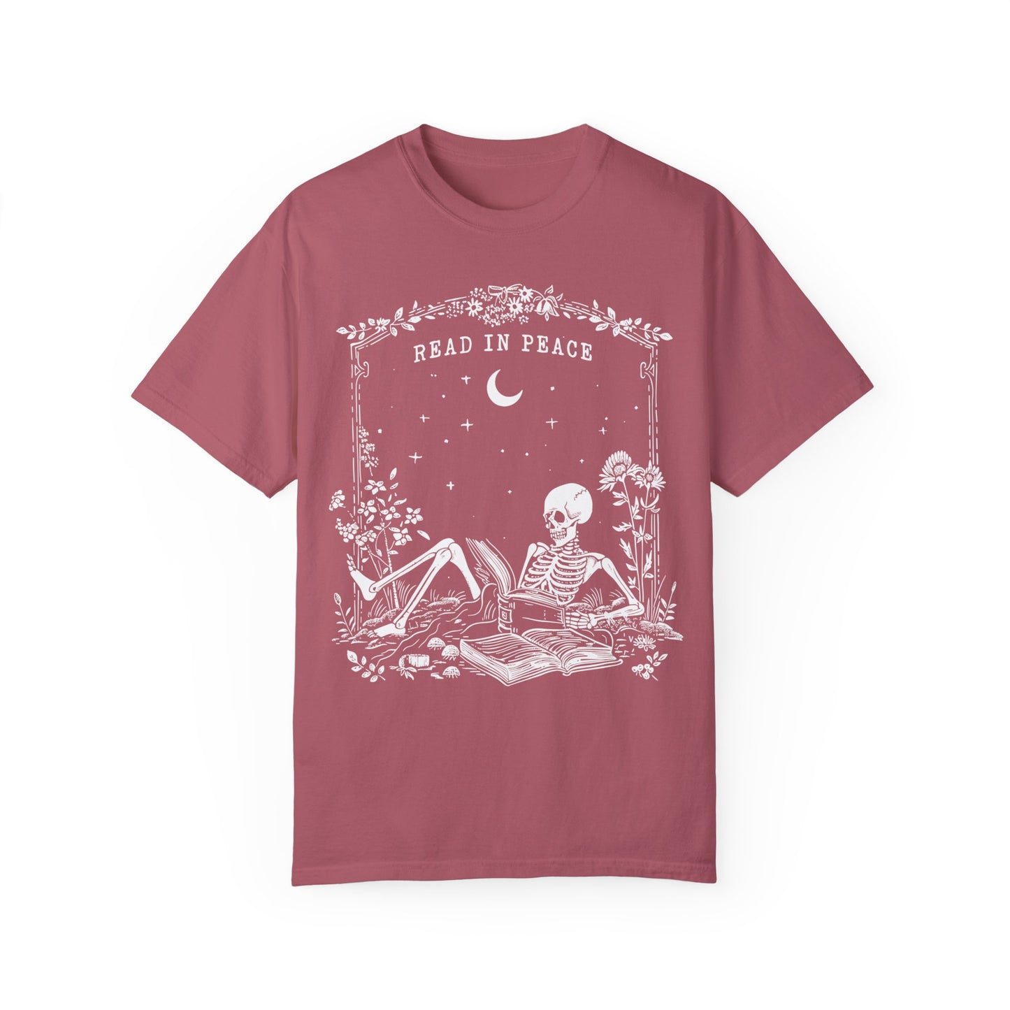 Read in Peace t-shirt, Skeleton Book Shirt Crimson