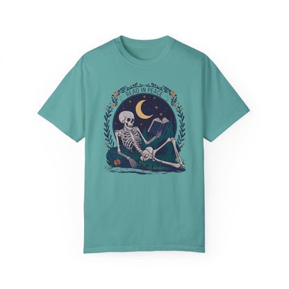 Reading Shirt Comfort Colors, Read in Peace, Skeleton Book Shirt Seafoam