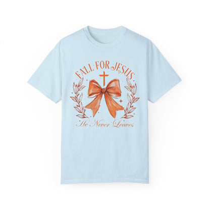 Coquette Bow Fall For Jesus He Never Leaves Shirt Chambray