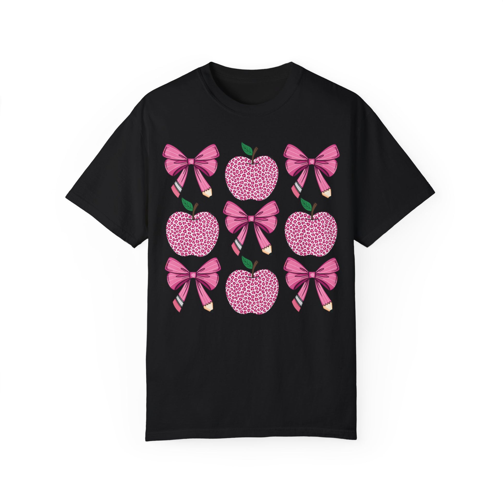 Teacher School Coquette Pink Apple Pencil Bow Shirt Black