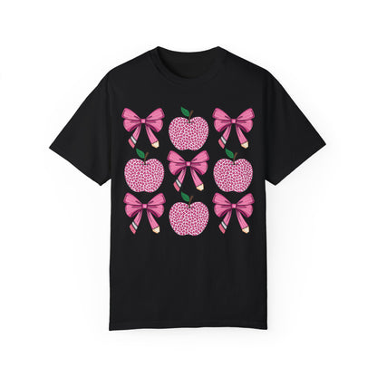 Teacher School Coquette Pink Apple Pencil Bow Shirt Black