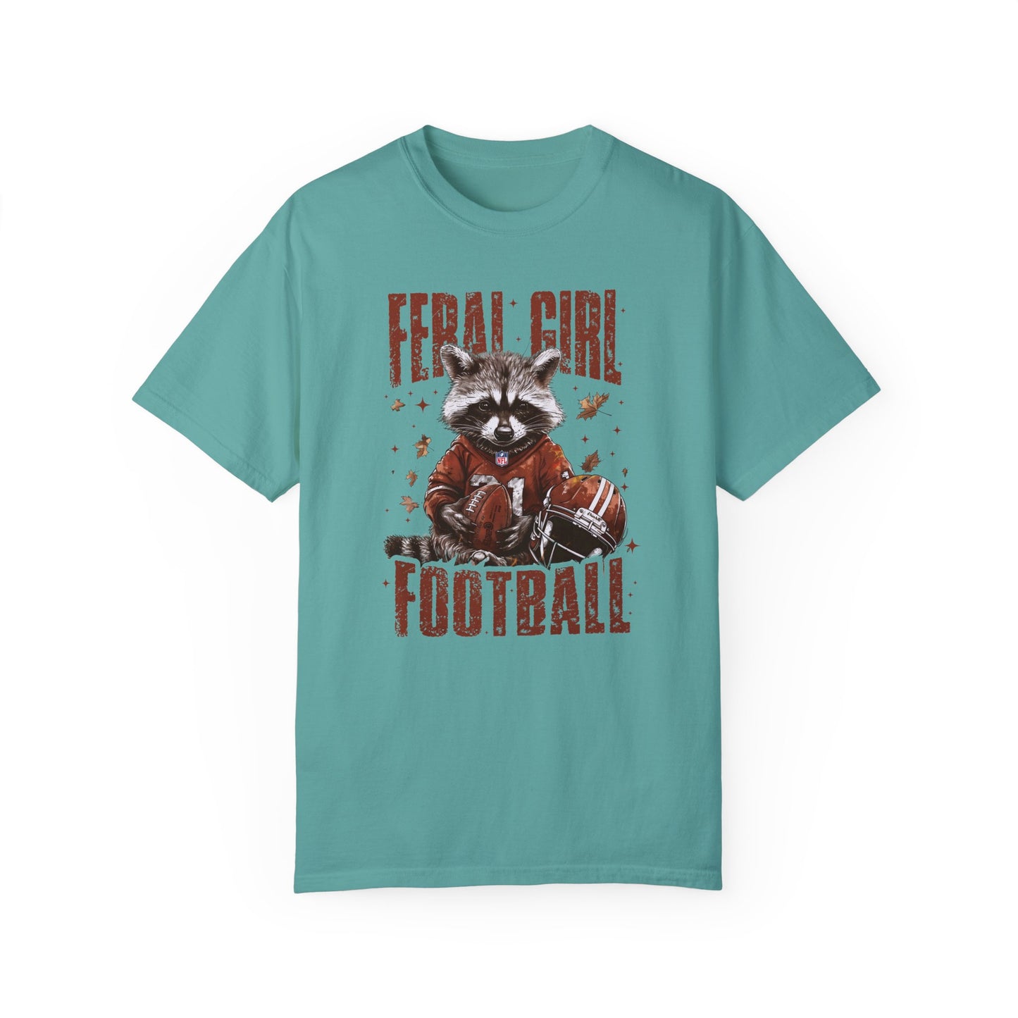 Feral Girl Football Shirt,Funny Raccoon Sports T-Shirt, Retro Fall Football Shirt Seafoam