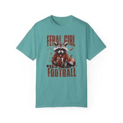 Feral Girl Football Shirt,Funny Raccoon Sports T-Shirt, Retro Fall Football Shirt Seafoam