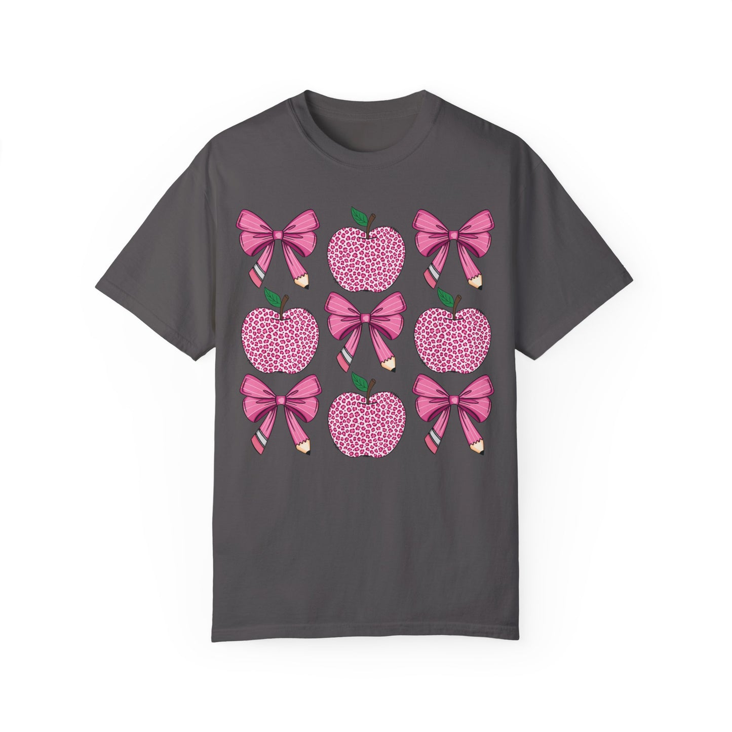 Teacher School Coquette Pink Apple Pencil Bow Shirt Graphite