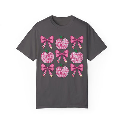 Teacher School Coquette Pink Apple Pencil Bow Shirt Graphite