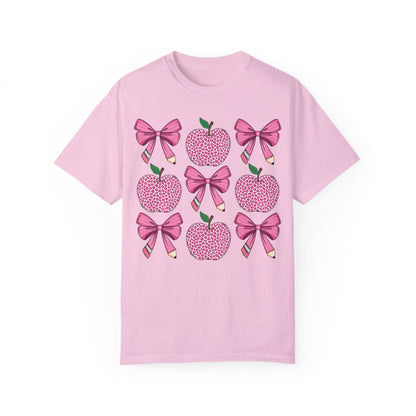 Teacher School Coquette Pink Apple Pencil Bow Shirt Blossom