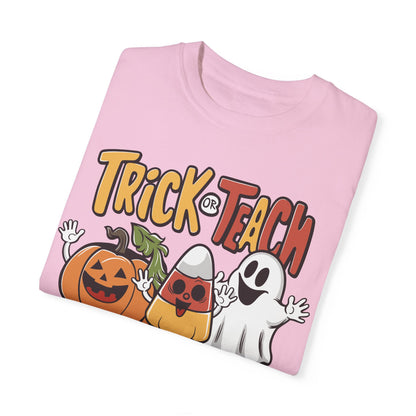 Retro Teacher Comfort Colors Halloween Shirt Trick or Teach Blossom