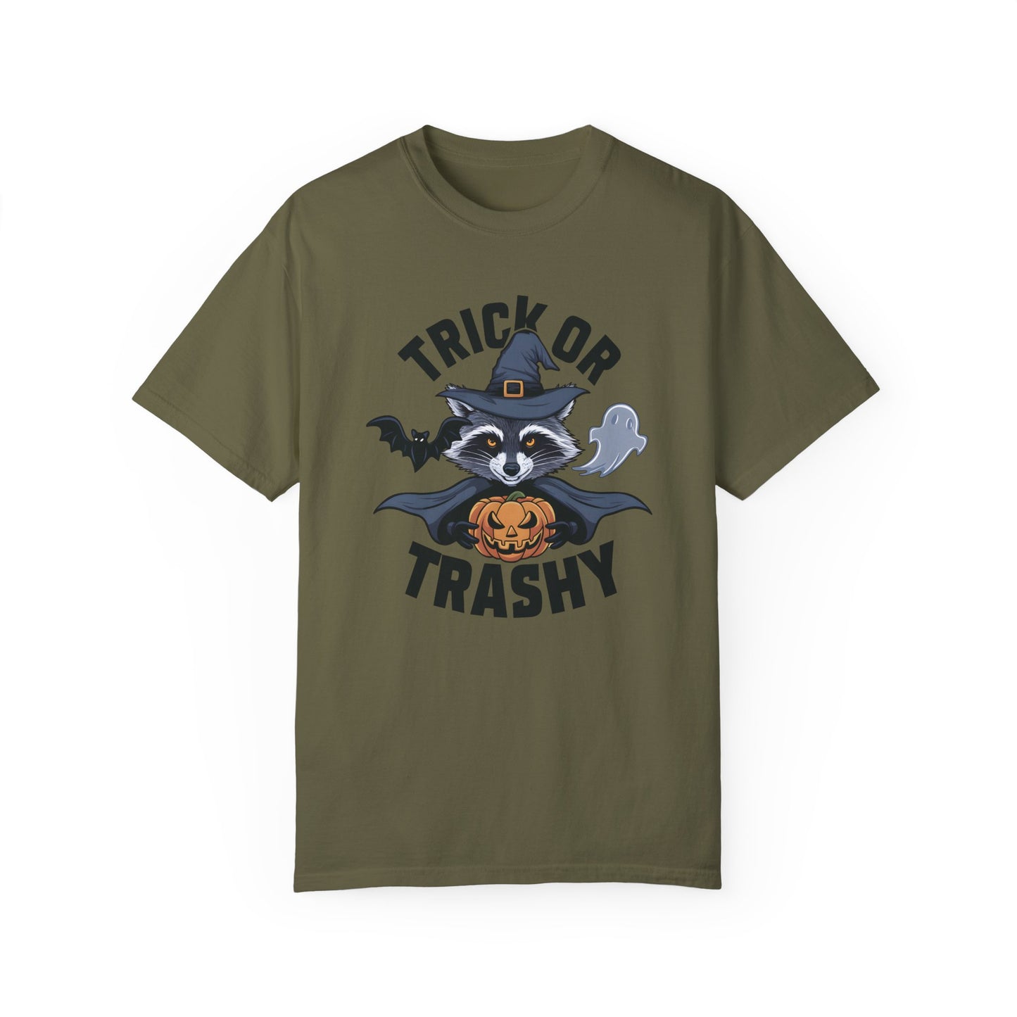 Trick or Trashy Raccoon Halloween Shirt Sage