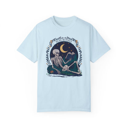 Reading Shirt Comfort Colors, Read in Peace, Skeleton Book Shirt Chambray