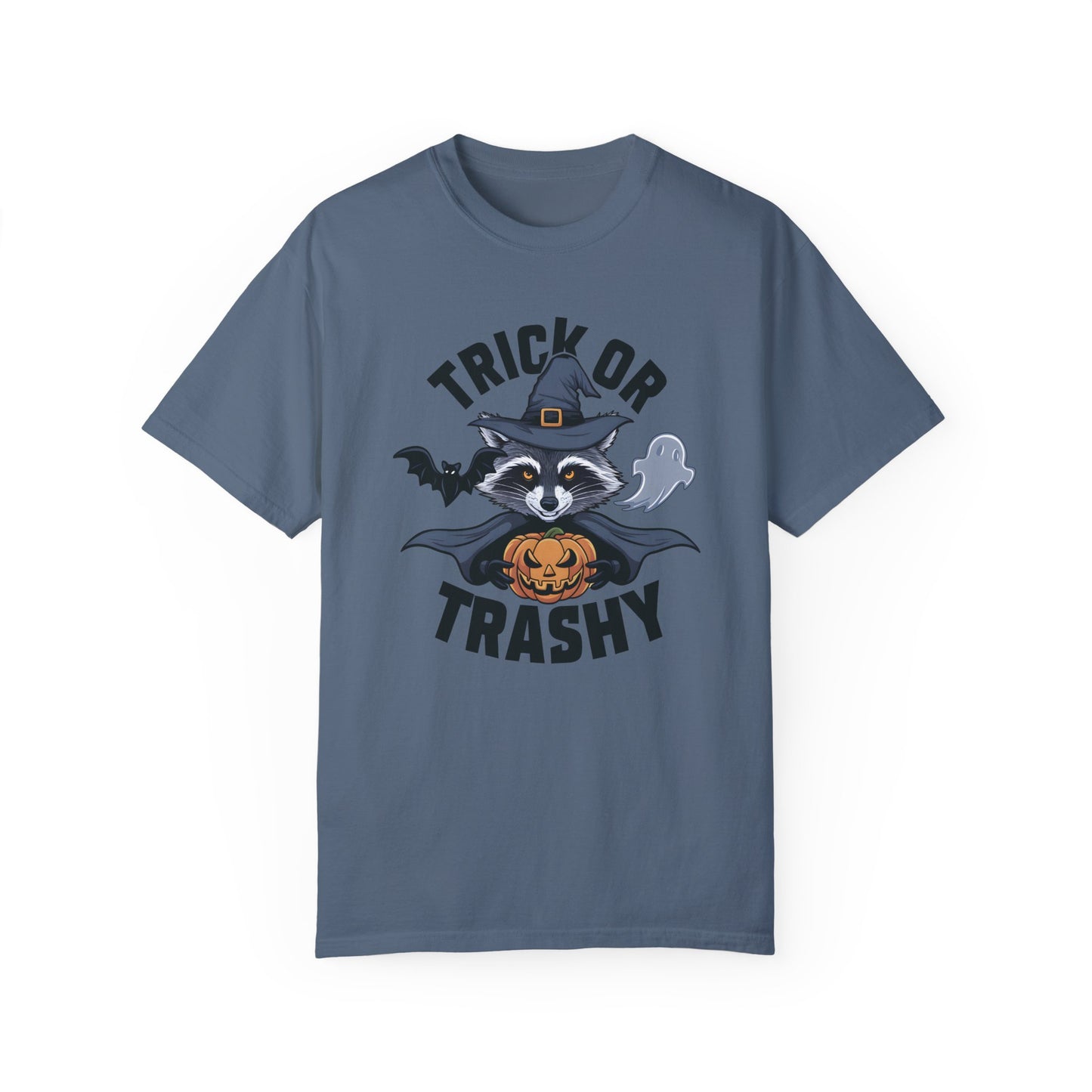 Trick or Trashy Raccoon Halloween Shirt Blue Jean