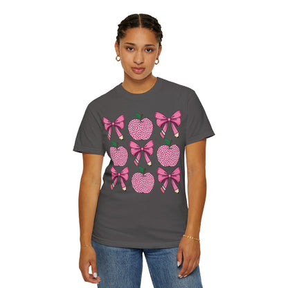 Teacher School Coquette Pink Apple Pencil Bow Shirt