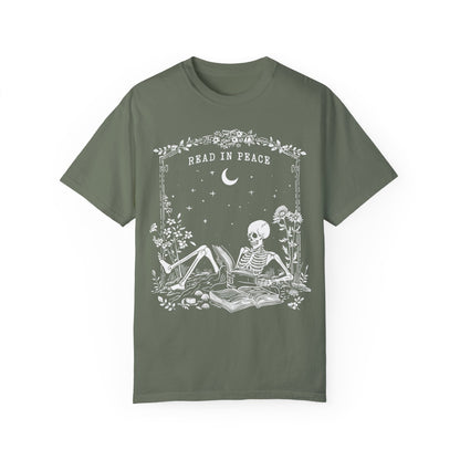 Reading Shirt Comfort Colors, Read in Peace, Skeleton Book Shirt Moss