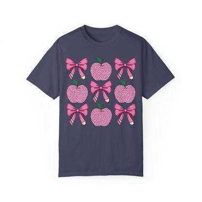 Teacher School Coquette Pink Apple Pencil Bow Shirt Denim