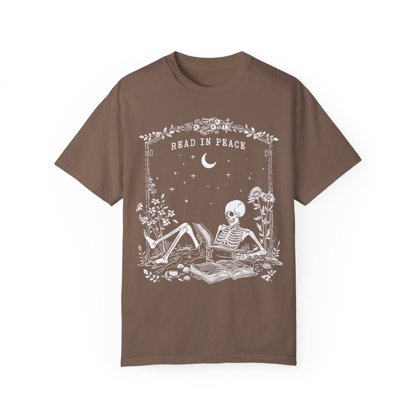 Reading Shirt Comfort Colors, Read in Peace, Skeleton Book Shirt Espresso