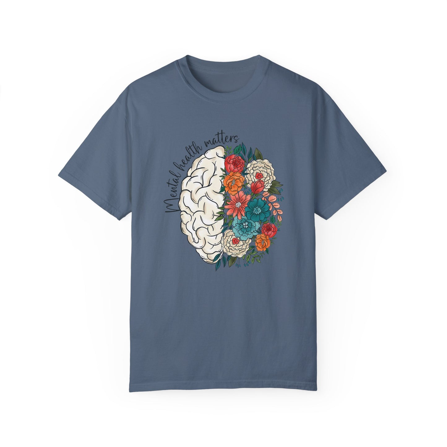 Mental health matters t-shirt - Floral brain shirt Blue Jean